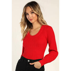 Lulus Seasonal Perfection Red Cropped Scoop Neck Sweater - Size M